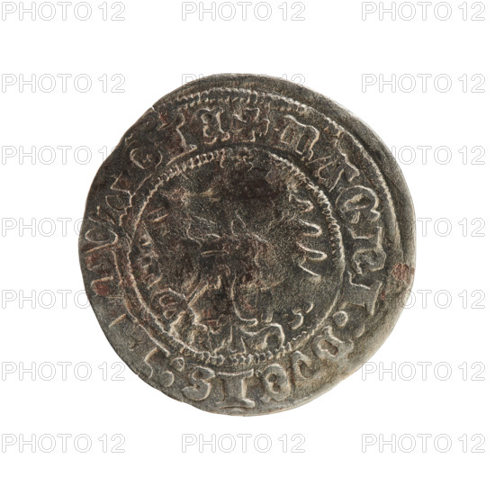 Lithuanian half-grosz, Sigismund I the Old (King of Poland; 1506–1548). Obverse: Pogon (Lithuanian coat of arms) turned left; in the rim between pearly borders an inscription: + MONETA:SIGI, MVNDI, 16. Reverse: Polish crowned eagle; in the rim between pearly borders an inscription: + MAGNI:DVCIS:LI, VANIE, 1516. Jagiellon dynasty; Grand Duchy of Lithuania; Vilnius; coin.