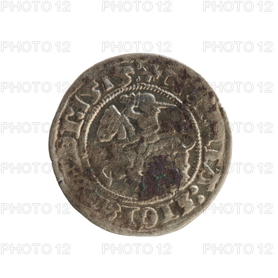 Lithuanian half-grosz, Sigismund I the Old (King of Poland; 1506–1548). Obverse: Pogon (Chase) coat of arms turned left; in the rim between pearly borders an inscription: + M, TA:SIGI, DI:1515:. Reverse: Polish crowned eagle; in the rim between pearly borders an inscription: + MAGNI:DVC, TVANIE:, 1515. Polish coin of the Jagiellon dynasty; Grand Duchy of Lithuania (Vilnius).