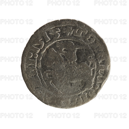 Lithuanian half-grosz, Sigismund I the Old (King of Poland; 1506–1548). Obverse: Pogon (coat of arms of Lithuania) turned left; in the rim between pearl-shaped borders an inscription: + MO, SIG, DI:1515. Reverse: Polish crowned eagle; in the rim between pearl-shaped borders an inscription: + MAGNI:DV, I, 1515. Polish coin of the Jagiellon dynasty, Grand Duchy of Lithuania (Vilnius).