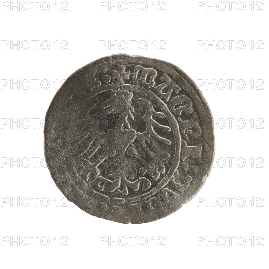 Lithuanian half-grosz, Sigismund I the Old (King of Poland; 1506–1548). Obverse: Pogon (Lithuanian coat of arms) turned left; in the rim between pearl-shaped borders an inscription: + MO, SIG, DI:1515. Reverse: crowned Polish eagle; in the rim between pearl-shaped borders an inscription: + MAGNI:DV, I, 1515. Polish coin, Jagiellon dynasty; Grand Duchy of Lithuania (Vilnius).