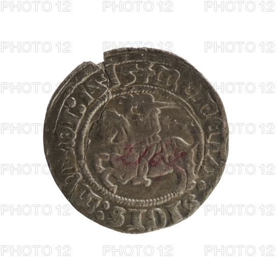 Lithuanian half-grosz, Sigismund I the Old (king of Poland; 1506–1548). Obverse: Pogon (mounted knight) turned left; in the rim between pearl borders an inscription: + COIN:SIGIS:MV, DI:1515. Reverse: Polish crowned Eagle; in the rim between pearl borders an inscription: + MAGNI:DVCIS:LITVA, IE.:., 1515. Grand Duchy of Lithuania, Vilnius; Polish coin, Jagiellonian dynasty; R8 (rarity).