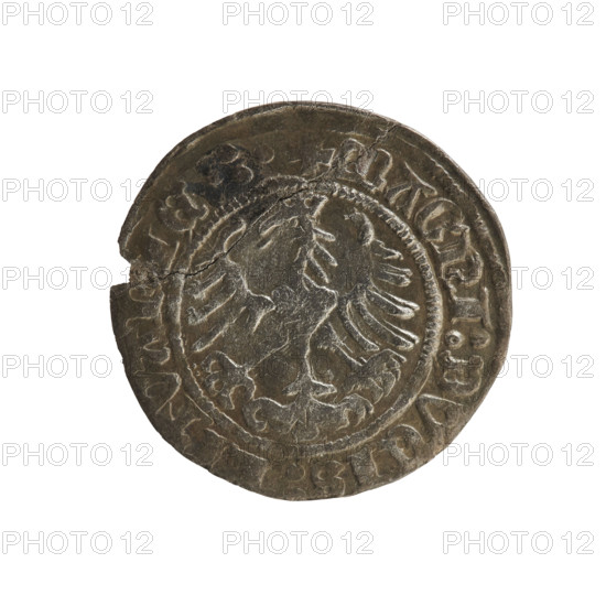 Lithuanian half-grosz, Sigismund I the Old (king of Poland; 1506–1548). Obverse: Pogon (mounted knight) turned left; in the rim between pearl borders an inscription: + COIN:SIGIS:MV, DI:1515. Reverse: Polish crowned eagle; in the rim between pearly borders an inscription: + MAGNI:DVCIS:LITVA, IE.:., 1515. Grand Duchy of Lithuania, Vilnius; Polish coin; Jagiellonian dynasty; R8 (rarity).