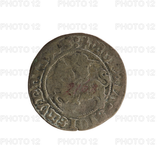 Lithuanian half-grosz, Sigismund I the Old (king of Poland; 1506–1548). R8 (rarity). Polish coin from the Jagiellonian dynasty, dated 1515. Obverse: Pogon (Lithuanian charging knight) turned left; in the rim between pearl borders an inscription: + MONETA, SIGISMV.NDI:. Reverse: crowned Polish Eagle; in the rim between pearl borders the inscription: + MAGNI:DV, NIE:. Grand Duchy of Lithuania, Vilnius.