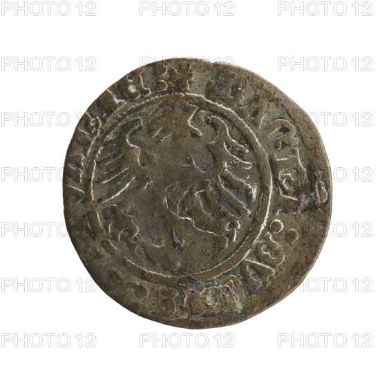 Lithuanian half-grosz, Sigismund I the Old (king of Poland; 1506–1548). R8 (rarity). Polish coin of the Jagiellonian dynasty, 1515. Grand Duchy of Lithuania, Vilnius. Obverse: Pogon (mounted knight) turned left; in the rim between pearl borders an inscription: + MONETA, SIGISMV.NDI:. Reverse: Polish crowned eagle; in the rim between pearly borders the inscription: + MAGNI:DV, NIE:. Coats of arms: Eagle, Pogon. Materials/function: coin.