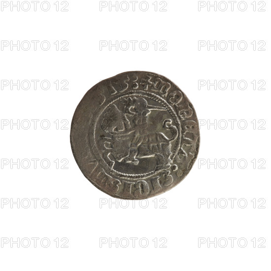 Lithuanian half-grosz, Sigismund I the Old (King of Poland; 1506–1548). Obverse: Pogon (coat of arms of Lithuania) turned left; in the rim between pearl borders an inscription: + COIN:SIGISMV, 15. Reverse: crowned Polish eagle; in the rim between pearl borders an inscription: + MA, VCIS:LI, TVANIE.:., dated 1515. Grand Duchy of Lithuania, Vilnius. Attributes: Polish coins; Jagiellon dynasty; eagles; coats of arms.