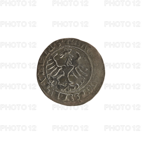 Lithuanian half-grosz, Sigismund I the Old (King of Poland; ruled 1506–1548). Obverse: Pogon (Lithuanian coat of arms) turned left; in the rim between pearl borders an inscription: + COIN:SIGISMV, 15. Reverse: Polish crowned eagle; in the rim between pearl borders an inscription: + MA, VCIS:LI, TVANIE.:., dated 1515. Grand Duchy of Lithuania, Vilnius. Materials: coin; types: Polish coins; dynastic association: Jagiellons; motifs: eagles, coats of arms.