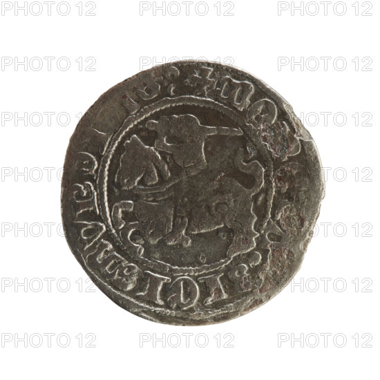 Lithuanian half-grosz, Sigismund I the Old (King of Poland; 1506–1548), 1516. Silver coin (half-grosz) of the Grand Duchy of Lithuania, Vilnius. Obverse: Pogon (Lithuanian coat of arms) turned left; in the rim between pearl borders an inscription: + MO A SIGISMVNDI 1. Reverse: Polish crowned eagle; in the rim between pearl borders an inscription: + MAGNI:DVCIS:LITVANIE:.