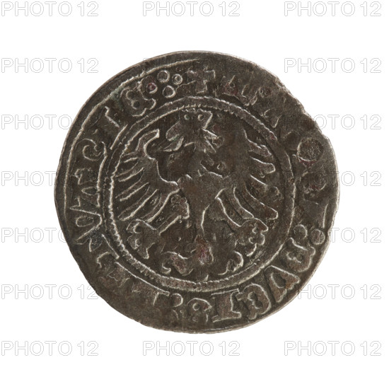 Lithuanian half-grosz, Sigismund I the Old (King of Poland; 1506–1548). Silver coin dated 1516. Obverse: Pogon (Lithuanian coat of arms) turned left; rim inscription between pearl borders: + MOA SIGISMVNDI 1 (inscription variant). Reverse: crowned Polish Eagle; rim inscription between pearly borders: + MAGNI:DVCIS:LITVANIE.:. Minted in Vilnius, Grand Duchy of Lithuania. Style: Jagiellonian-era Polish–Lithuanian coinage; motifs include eagles and coats of arms.