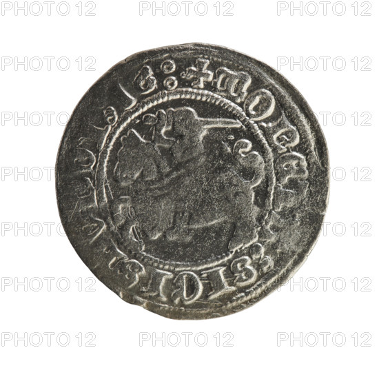 Lithuanian half-grosz, Sigismund I the Old (King of Poland; 1506–1548), 1516. Obverse: Pogon (Lithuanian coat of arms) turned left; inscription in rim between pearl borders: + COIN:SIGIS, VNDI, 16:. Reverse: crowned Polish eagle; inscription in rim between pearl borders: + MAGNI:DVCIS:LITVA, E:. Materials: coin; function: currency; style: Jagiellon-era Polish–Lithuanian coinage; motifs: eagles, coats of arms.