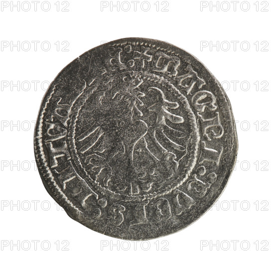 Lithuanian half-grosz, Sigismund I the Old (King of Poland; 1506–1548). Obverse: Pogon (Lithuanian coat of arms) turned left; rim between pearl borders with inscription '+ COIN:SIGIS, VNDI, 16'. Reverse: crowned Polish eagle; rim between pearl borders with inscription '+ MAGNI:DVCIS:LITVA, E:, 1516'. Grand Duchy of Lithuania; Vilnius. Materials: coin.