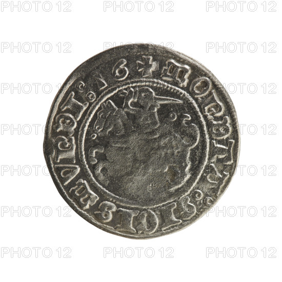 Lithuanian half-grosz, Sigismund I the Old (King of Poland; 1506–1548). Obverse: Pogon (Chaser) turned left; in the rim between pearl borders an inscription: + COIN:SIGISMVNDI:16. Reverse: Polish crowned eagle; in the rim between pearl borders an inscription: + MAGNI:DVCIS:LITVANIE. 1516. Grand Duchy of Lithuania, Vilnius. Coin; Polish, Jagiellonian dynasty; eagles and coats of arms. R8 (rarity).