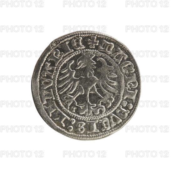Lithuanian half-grosz, Sigismund I the Old (King of Poland; 1506–1548). Obv.: Pogon (Lithuanian chase) turned left; in the rim between pearl borders an inscription: + COIN:SIGISMVNDI:16. Rev.: Polish crowned eagle; in the rim between pearl borders an inscription: + MAGNI:DVCIS:LITVANIE. 1516. Grand Duchy of Lithuania, Vilnius. Polish coin; Jagiellonian dynasty; coats of arms: eagle, Pogon. R8 (rarity).