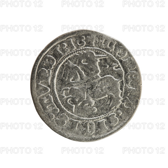 Lithuanian half-grosz, Sigismund I the Old (King of Poland; 1506–1548). Silver coin (1516). Obverse: Pogon (Lithuanian coat of arms) turned left; rim inscription '+ COIN:SIGIS:MVNDI:16' between pearl borders. Reverse: Crowned Polish Eagle; rim inscription '+ MAGNI:DVCIS:.LITVANIE'. Grand Duchy of Lithuania; Vilnius.