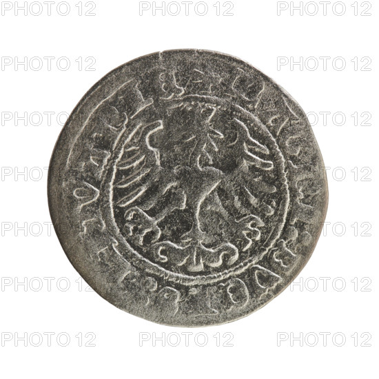 Lithuanian half-grosz of Sigismund I the Old (King of Poland, 1506–1548), 1516. Obverse: Pogon (Lithuanian coat of arms) facing left; inscription in rim between pearl borders: + COIN:SIGIS:MVNDI:16. Reverse: Polish crowned eagle; inscription in rim between pearl borders: + MAGNI:DVCIS:.LITVANIE. Grand Duchy of Lithuania (Vilnius), Polish–Lithuanian context.