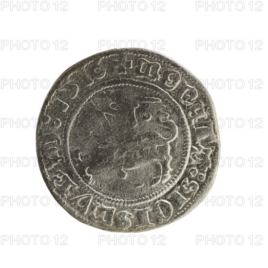 Lithuanian half-grosz, Sigismund I the Old (King of Poland; 1506–1548). Silver coin (1516). Obverse: Pogon (Lithuanian coat of arms) turned left; in the rim between pearl borders an inscription: + MONET: SIGI: MVNDI: 1516. Reverse: Polish crowned eagle; in the rim between pearl borders an inscription: + MAGNI: DVCIS: LITVA: IE: 1516. Grand Duchy of Lithuania (Vilnius), Poland.