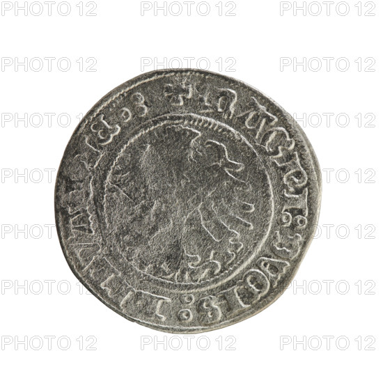 Lithuanian half-grosz, Sigismund I the Old (King of Poland; 1506–1548). Obverse: Pogon turned left; in the rim between pearl borders an inscription '+ MONET :SIGI MVNDI: 1516'. Reverse: crowned Polish Eagle; in the rim between pearly borders an inscription '+ MAGNI:DVCIS:LITVA, IE.:, 1516'. Jagiellon dynasty; coats of arms (eagle, Pogon); Grand Duchy of Lithuania; Vilnius; coin.