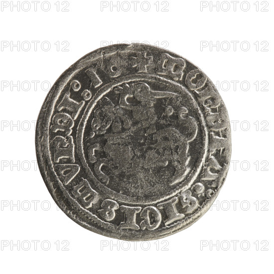 Lithuanian half-grosz, Sigismund I the Old (King of Poland; 1506–1548). Obverse: Pogon (Lithuanian coat of arms) turned left; in the rim between pearl borders an inscription: + COIN:SIGISMVNDI:16. Reverse: Polish crowned eagle; in the rim between pearl borders an inscription: + MAGNI:DVCIS:LITVANIE:. Dated 1516. Grand Duchy of Lithuania, Vilnius. Coin.
