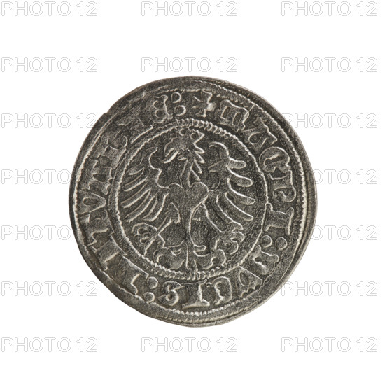 Lithuanian half-grosz, Sigismund I the Old (King of Poland; 1506–1548). Obverse: Pogon (Lithuanian coat of arms) turned left; in the rim between pearl borders an inscription: + COIN:SIGISMVNDI:16. Reverse: Polish crowned eagle; in the rim between pearl borders an inscription: + MAGNI:DVCIS:LITVANIE:. 1516. Grand Duchy of Lithuania, Vilnius. Coin.