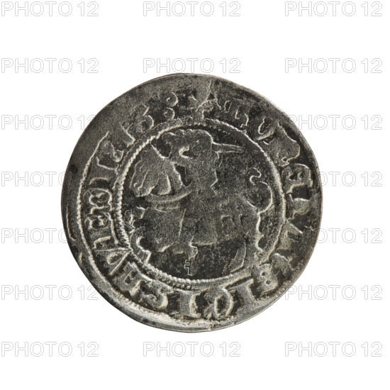 Lithuanian half-grosz, Sigismund I the Old (king of Poland; 1506–1548); Obverse: Pogon (mounted knight) turned left; in the rim between pearl borders an inscription: + MONETARY, SIGISMVNDI:16: Reverse: Polish eagle with a crown; in the rim between pearly borders an inscription: + MAGNI:DVCIS:LITVANIE:; 1516; Grand Duchy of Lithuania, Vilnius; Polish coin; Jagiellonian dynasty; R8 (rarity); coats of arms: Pogon, eagle.