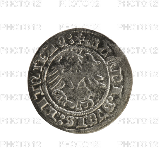 Lithuanian half-grosz, Sigismund I the Old (king of Poland; 1506–1548). Obverse: Pogon (mounted knight) turned left; in the rim between pearl borders an inscription: + MONETARY, SIGISMVNDI:16:. Reverse: crowned Polish Eagle; in the rim between pearly borders an inscription: + MAGNI:DVCIS:LITVANIE:. Dated 1516. Grand Duchy of Lithuania (Vilnius). Polish coin; Jagiellonian dynasty; coats of arms: Pogon and Eagle. R8 (rarity).