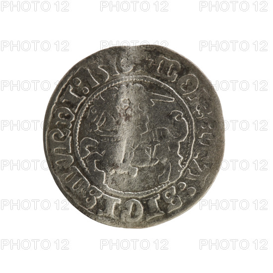 Lithuanian half-grosz, Sigismund I the Old (King of Poland; 1506–1548). Obverse: Pogon (Lithuanian coat of arms) turned left; in the rim between pearl borders an inscription. Reverse: Polish crowned eagle; in the rim between pearl borders an inscription: + MAGNI:DVCIS:LITVA, IE, 1516. Jagiellon dynasty; dated 1516; Grand Duchy of Lithuania (Vilnius); coin—Polish-Lithuanian monetary issue.