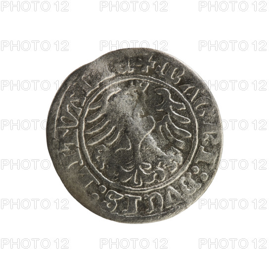 Lithuanian half-grosz, Sigismund I the Old (King of Poland; 1506–1548). Obverse: Pogon (Lithuanian coat of arms) turned left; in the rim between pearl borders an inscription. Reverse: Polish crowned eagle; in the rim between pearl borders an inscription: + MAGNI:DVCIS:LITVA. Dated 1516. Grand Duchy of Lithuania, Vilnius. Materials: coin; Polish–Lithuanian Jagiellon dynasty.