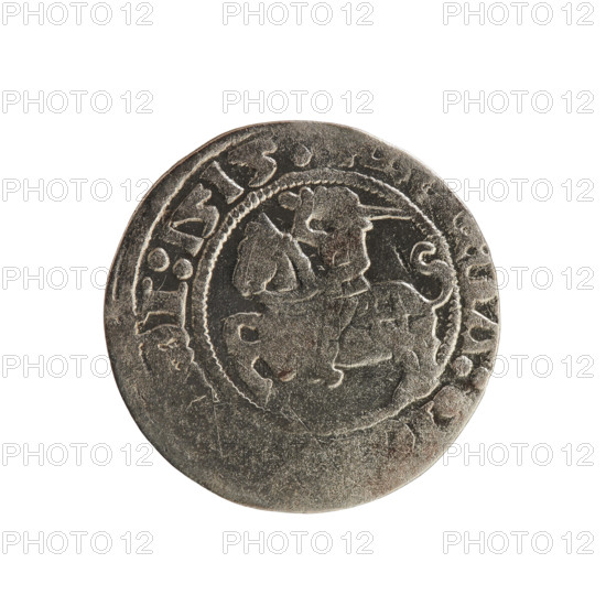 Lithuanian half-grosz, Sigismund I the Old (King of Poland; 1506–1548). Silver coin (half-grosz), 1515. Obverse: Pogon (Lithuanian coat of arms) turned left; rim with pearled borders and inscription DI:1515. Reverse: Polish crowned eagle; rim with pearled borders and inscription MAGNI: ITVANIE, 1515. Associated with the Grand Duchy of Lithuania and Poland; Jagiellon dynasty; motifs include eagles and coats of arms.