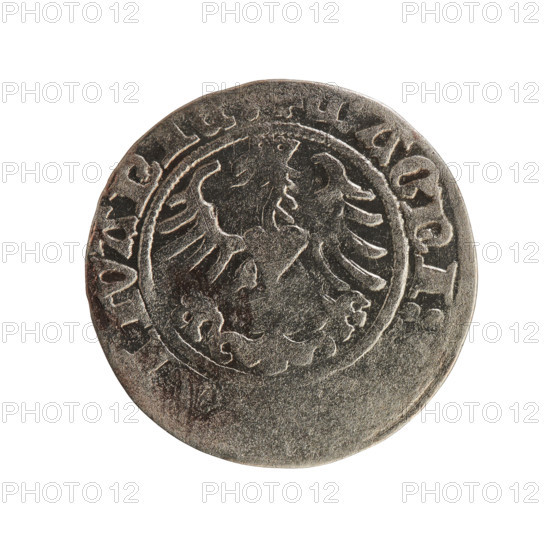 Lithuanian half-grosz, Sigismund I the Old (King of Poland; 1506–1548). Obverse: Pogon (Lithuanian coat of arms) turned left; inscription in rim between pearly borders: DI:1515. Reverse: Polish crowned eagle; inscription in rim between pearly borders: MAGNI: ITVANIE, 1515. Polish coin of the Jagiellon dynasty; Grand Duchy of Lithuania, Vilnius.