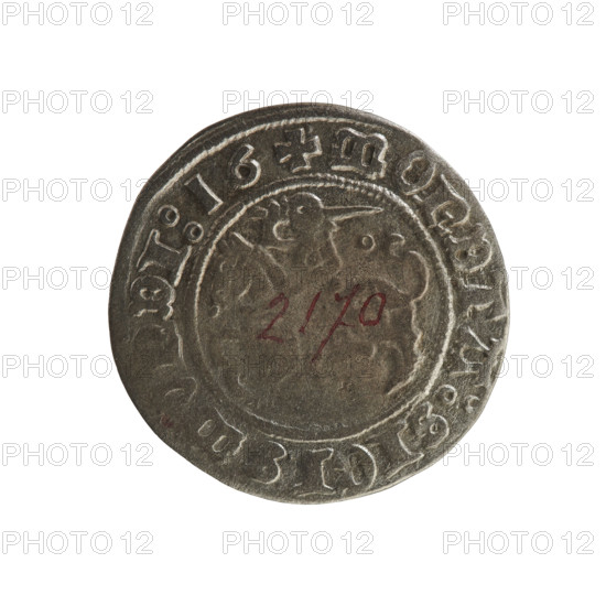 Lithuanian half-grosz, Sigismund I the Old (king of Poland; 1506–1548). R8 (rarity). Polish coin of the Jagiellonians dynasty, 1516. Obverse: Pogon (mounted knight) turned left; in the rim between pearl borders an inscription: + COIN:SIGISMVNDI:16. Reverse: crowned Polish Eagle; in the rim between pearl borders an inscription: + MAGNI:DVC, LITVANIE:. Grand Duchy of Lithuania, Vilnius, Poland.