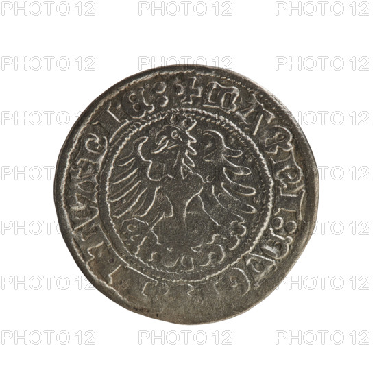 Lithuanian half-grosz, Sigismund I the Old (king of Poland; 1506–1548). Obverse: Pogon (Lithuanian coat of arms) turned left; in the rim between pearl borders an inscription: + COIN:SIGISMVNDI:16. Reverse: crowned Polish Eagle; in the rim between pearl borders an inscription: + MAGNI:DVC, LITVANIE:, 1516. R8 (rarity). Polish coin from the Grand Duchy of Lithuania, Vilnius.