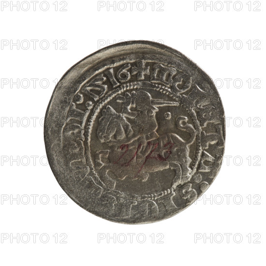 Lithuanian half-grosz, Sigismund I the Old (king of Poland; 1506–1548). Obverse: Pogon (mounted knight) turned left; in the rim between pearl borders an inscription: + MO, ETA:SI, NDI:1516. Reverse: Polish crowned eagle; in the rim between pearl borders an inscription: + MAGNI:DVCIS:LITVANIE.:., 1516. Rarity R8. Polish coin of the Jagiellonian period, Grand Duchy of Lithuania, Vilnius.