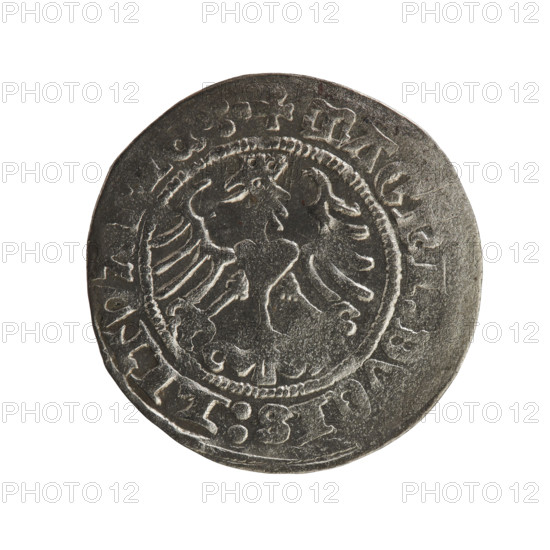 Lithuanian half-grosz, Sigismund I the Old (king of Poland; 1506–1548). Obverse: Pogon turned left; in the rim between pearl borders an inscription: + MO, ETA:SI, NDI:1516. Reverse: Polish crowned eagle; in the rim between pearly borders an inscription: + MAGNI:DVCIS:LITVANIE.:., 1516. Grand Duchy of Lithuania, Vilnius; Polish coin; Jagiellonian dynasty; R8 (rarity).