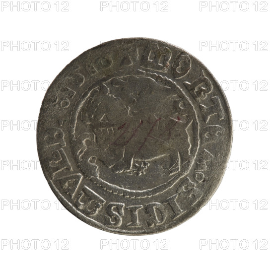 Lithuanian half-grosz, Sigismund I the Old (king of Poland; 1506–1548). Obverse: Pogon turned left; in the rim between pearl borders an inscription: MONTE SIGISMVND 1516. Reverse: Polish crowned eagle; in the rim between pearl borders an inscription: + MAGNI DVCIS:LITV NIE: 1516. Rarity R8. Polish coin of the Jagiellonian dynasty; Grand Duchy of Lithuania; Vilnius; silver coin.