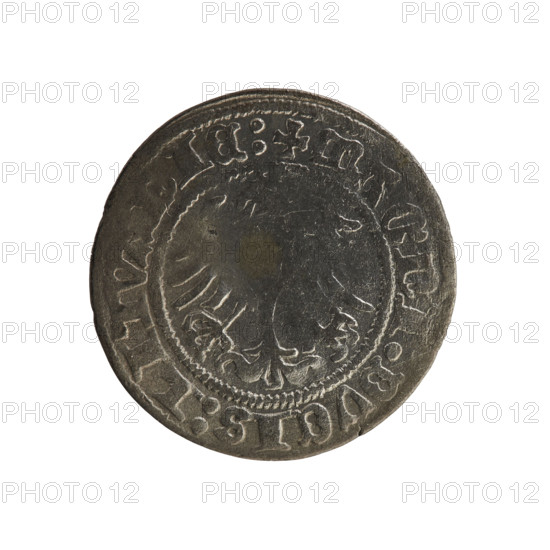 Lithuanian half-grosz, Sigismund I the Old (king of Poland; 1506–1548). Obverse: Pogon (Chasing Knight) turned left; in the rim between pearl borders an inscription: MONTE, SIGISMVND, 1516. Reverse: Polish crowned eagle; in the rim between pearl borders an inscription: + MAGNI, DVCIS:LITV, NIE:, 1516. R8 (rarity). Polish coin of the Jagiellonian dynasty; Grand Duchy of Lithuania, Vilnius.
