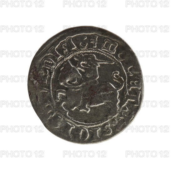 Lithuanian half-grosz, Sigismund I the Old (King of Poland; 1506–1548). Obverse: Pogon (Lithuanian coat of arms) turned left; in the rim between pearl borders an inscription: + COIN:SIGI, M, DI:16. Reverse: Polish crowned eagle; in the rim between pearly borders an inscription: + MAGNI:DVCIS:LITVANIE, 1516. Minted in the Grand Duchy of Lithuania, Vilnius.