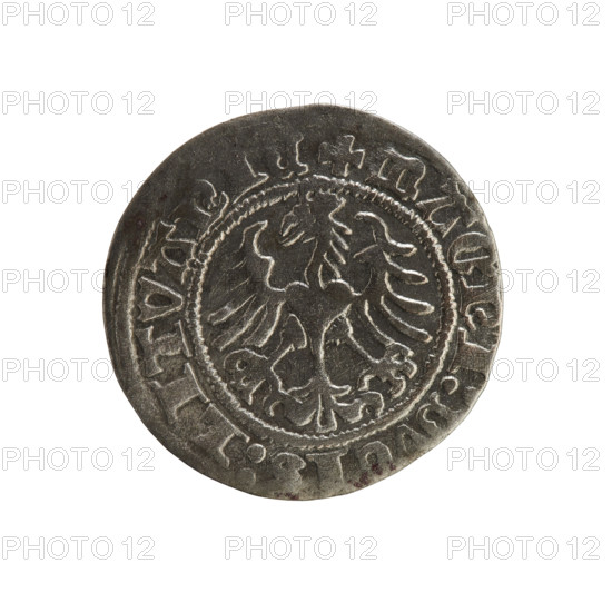Lithuanian half-grosz, Sigismund I the Old (King of Poland; 1506–1548). Obverse: Pogon (Lithuanian coat of arms) turned left; in the rim between pearl borders an inscription: + COIN:SIGI, M, DI:16. Reverse: Polish crowned eagle; in the rim between pearly borders an inscription: + MAGNI:DVCIS:LITVANIE, 1516. Grand Duchy of Lithuania, Vilnius. Polish–Jagiellon period; coin.