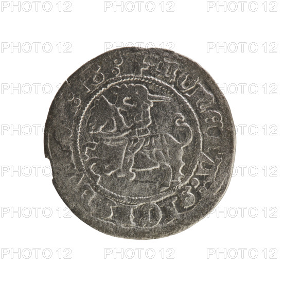 Lithuanian half-grosz, Sigismund I the Old (King of Poland; 1506–1548). Obverse: Pogon (Lithuanian coat of arms) turned left; in the rim between pearl borders an inscription: + COIN:SIGI, :16:. Reverse: Polish crowned eagle; in the rim between pearl borders an inscription: + MAGNI:DVCIS:LITVA, IE:, 1516. Grand Duchy of Lithuania (Vilnius), coin.
