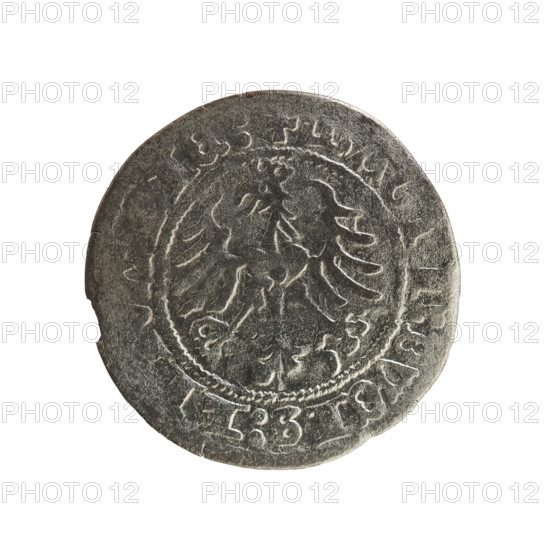 Lithuanian half-grosz, Sigismund I the Old (King of Poland; 1506–1548). Silver coin (1516). Obverse: Pogon (Lithuanian coat of arms) turned left; rim between pearl borders with inscription '+ COIN:SIGI :16:'. Reverse: Polish crowned eagle; rim between pearl borders with inscription '+ MAGNI:DVCIS:LITVA, IE:, 1516'. Grand Duchy of Lithuania; Vilnius. Polish–Lithuanian (Jagiellon) period.