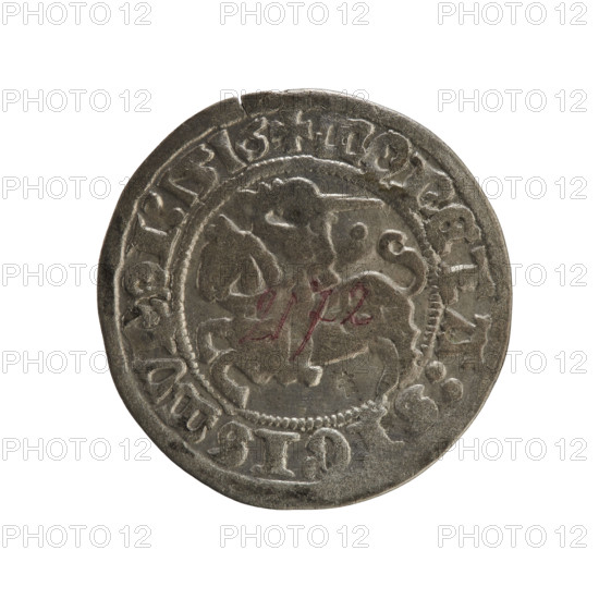 Lithuanian half-grosz, Sigismund I the Old (king of Poland; 1506–1548). Obverse: Pogon (mounted knight) turned left; in the rim between pearl borders an inscription: + COIN:SIGISMVNDI:1516. Reverse: Polish crowned eagle; in the rim between pearl borders an inscription: MAGNI:DVCIS:LITVANIE:. Dated 1516. Grand Duchy of Lithuania (Vilnius). Polish coin; Jagiellonian dynasty. R8 (rarity). Coats of arms: Pogon, eagle.