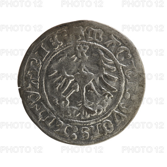Lithuanian half-grosz, Sigismund I the Old (king of Poland; 1506–1548). Obverse: Pogon (Lithuanian coat of arms) turned left; in the rim between pearl borders an inscription: + COIN:SIGISMVNDI:1516. Reverse: Polish crowned eagle; in the rim between pearl borders an inscription: MAGNI:DVCIS:LITVANIE:. Dated 1516. Grand Duchy of Lithuania (Vilnius). Polish coin, Jagiellonian dynasty; R8 (rarity).