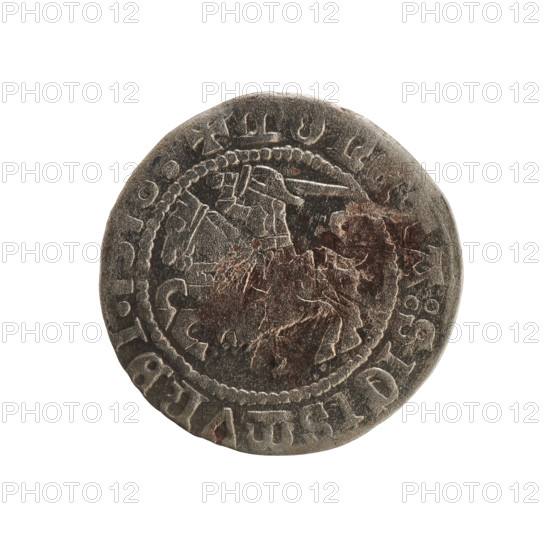 Lithuanian half-grosz, Sigismund I the Old (King of Poland; 1506–1548). Obverse: Pogon (Lithuanian coat of arms) turned left, inscription in rim between pearly borders: + MON A:SIGISMVNDI. Reverse: Polish crowned eagle, inscription in rim between pearly borders: + MAGNI:DVC: LITVANIE. Dated 1516. Grand Duchy of Lithuania; coin.