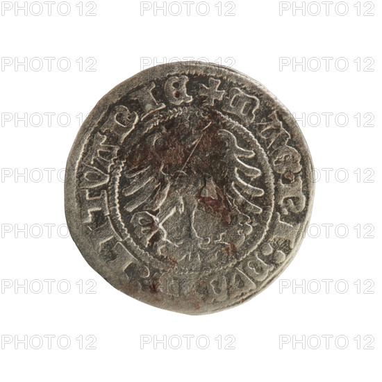 Lithuanian half-grosz, Sigismund I the Old (King of Poland; 1506–1548). Obverse: Pogon (Lithuanian mounted knight) turned left; rim with pearly borders and inscription '+ MON A:SIGISMVNDI'. Reverse: crowned Polish eagle; rim with pearly borders and inscription '+ MAGNI:DVC :LITVANIE'. Dated 1516. Grand Duchy of Lithuania (Vilnius). Polish coin; Jagiellon dynasty.