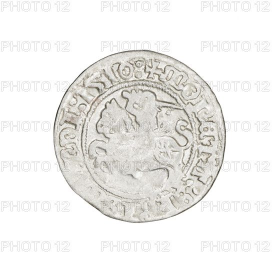 Lithuanian half-grosz, Sigismund I the Old (king of Poland; 1506–1548). Obverse: Pogon (Lithuanian mounted knight) turned left; in the rim between pearl borders an inscription: + COIN:S, IS, VNDI:1510:. Reverse: Polish crowned eagle; in the rim between pearly borders an inscription: + MAGNI:DVCI, LITVANIE:, 1510. Materials/format: coin (Grand Duchy of Lithuania, Vilnius, Poland), diameter ~19.0–19.8 mm, weight 1.18 g.