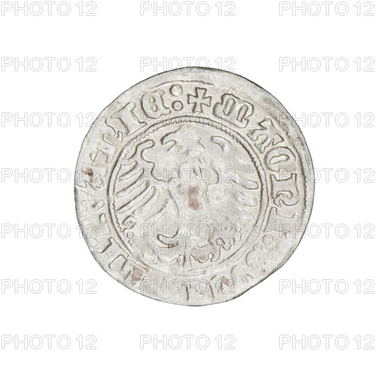 Lithuanian half-grosz, Sigismund I the Old (king of Poland, 1506–1548). Obverse: Pogon (Lithuanian coat of arms) turned left; in the rim between pearl borders an inscription: + COIN:S, IS, VNDI:1510:. Reverse: Polish Eagle with a crown; in the rim between pearly borders an inscription: + MAGNI:DVCI, LITVANIE:, 1510. Grand Duchy of Lithuania, Vilnius. Coin; dia. 19.0–19.8 mm, weight 1.18 g.