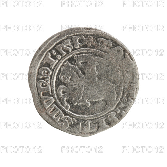 Lithuanian half-grosz, Sigismund I the Old (King of Poland; 1506–1548). Obverse: Pogon (Lithuanian coat of arms) turned left; in the rim between pearl borders an inscription: + M, A:SIGISMVNDI:1510. Reverse: Polish crowned eagle; in the rim between pearl borders an inscription: AGNI:DVCIS:LI, VA, 1510. Grand Duchy of Lithuania, Vilnius. Coin. Dia. 19.8–20.3 mm; weight 1.15 g.
