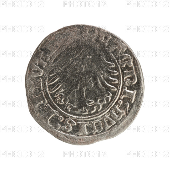 Lithuanian half-grosz, Sigismund I the Old (King of Poland; 1506–1548). Obverse: Pogon (Lithuanian coat of arms) turned left; in the rim between pearl borders an inscription: + M, A:SIGISMVNDI:1510. Reverse: Polish crowned eagle; in the rim between pearl borders an inscription: AGNI:DVCIS:LI, VA, 1510. Grand Duchy of Lithuania, Vilnius. Coin. Diameter 19.8–20.3 mm; weight 1.15 g.