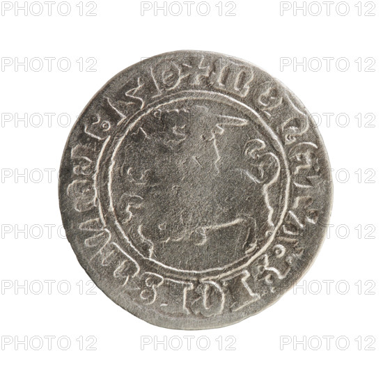 Lithuanian half-grosz, Sigismund I the Old (King of Poland; 1506–1548). Obverse: Pogon (Lithuanian coat of arms) turned left; in the rim between pearl borders an inscription: + COIN:SIGISMVNDI:1510. Reverse: Polish crowned Eagle; in the rim between pearly borders an inscription: + MAGNI:DVCIS:LIVANIE.:. 1510. Grand Duchy of Lithuania, Vilnius. Coin. Diameter 19.3–19.7 mm, weight 1.10 g.