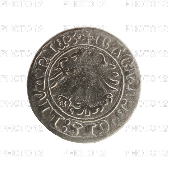 Lithuanian half-grosz, Sigismund I the Old (King of Poland; 1506–1548). Obverse: Pogon (Coat of Arms of Lithuania) turned left; in the rim between pearl borders an inscription: + COIN:SIGISMVNDI:1510. Reverse: Polish crowned eagle; in the rim between pearl borders an inscription: + MAGNI:DVCIS:LIVANIE.:., 1510. Jagiellon dynasty; coats of arms. Grand Duchy of Lithuania, Vilnius, Poland. Coin; diameter 19.3–19.7 mm; weight 1.10 g.