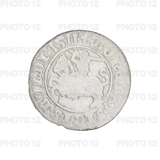 Lithuanian half-grosz, Sigismund I the Old (King of Poland; 1506–1548). Obverse: Pogon (Lithuanian charging knight) turned left; in the rim between pearl borders an inscription: + COIN:SIGISMVNDI:1511. Reverse: Polish crowned eagle; in the rim between pearl borders an inscription: +, AGNI:DVCIS:LITVANIE:, 1511. Grand Duchy of Lithuania, Vilnius. Coin; dia. 19.5–20.0 mm; weight 0.98 g. Coats of arms: Eagle, Pogon; Jagiellon dynasty; Polish coins; eagles.