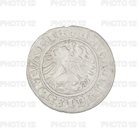 Lithuanian half-grosz, Sigismund I the Old (King of Poland; 1506–1548). Obverse: Pogon (mounted knight) turned left; in the rim between pearl borders an inscription: + COIN:SIGISMVNDI:1511. Reverse: Polish eagle with a crown; in the rim between pearl borders an inscription: +, AGNI:DVCIS:LITVANIE:, 1511. Grand Duchy of Lithuania, Vilnius. Coin; diameter 19.5–20.0 mm, weight 0.98 g.